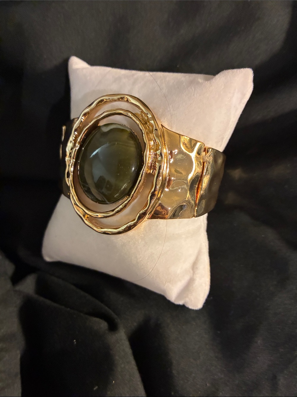 Gold-Tone Cuff Bracelet with Olive Green Stone